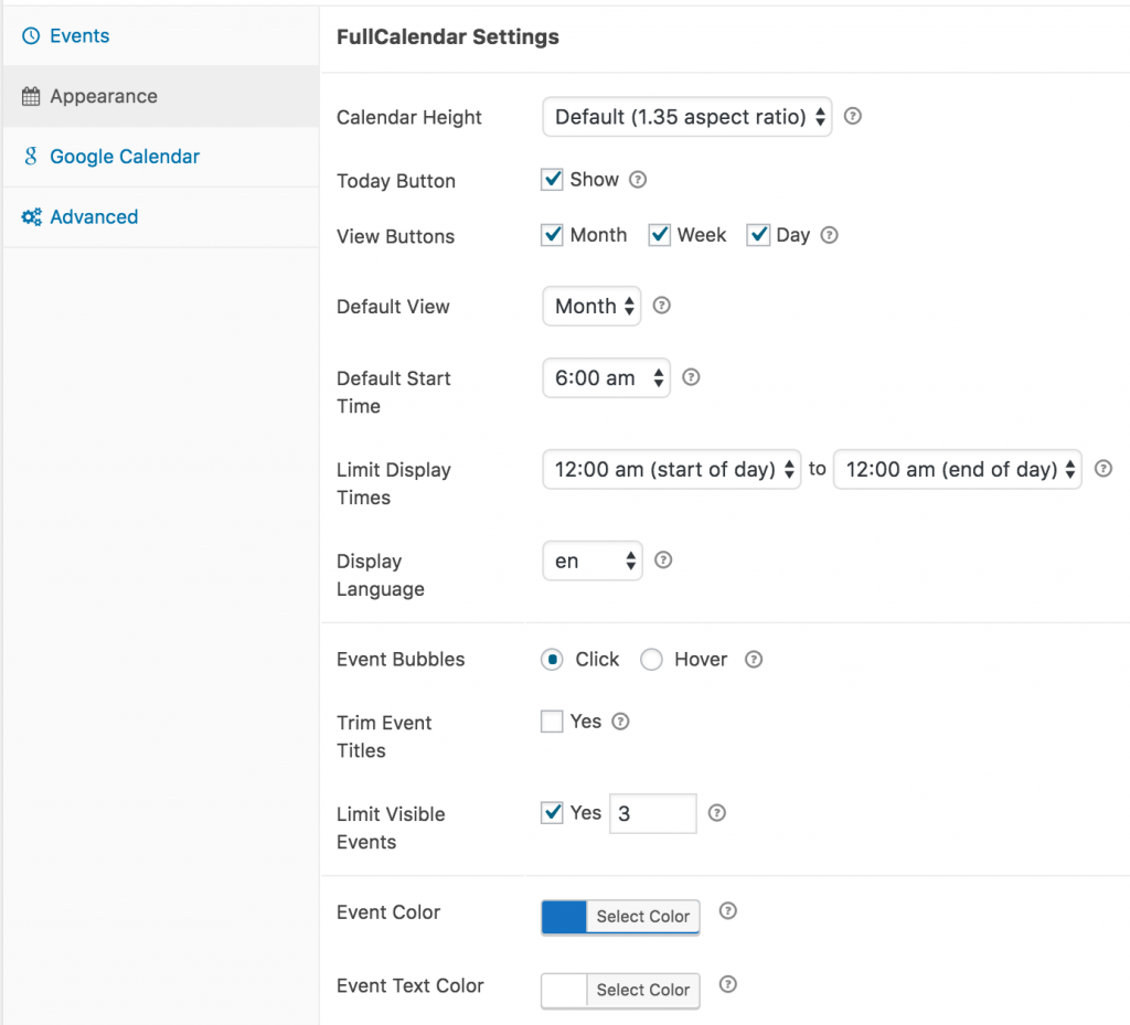 simple calendar fullcalendar settings